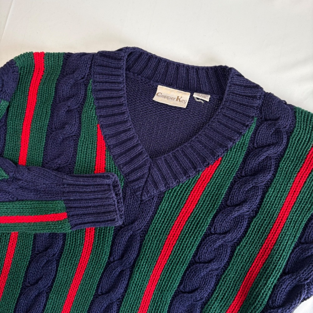 Vintage Copper Key‎ Women Striped Cable Hand Knit Sweater Blue Red Green Size S